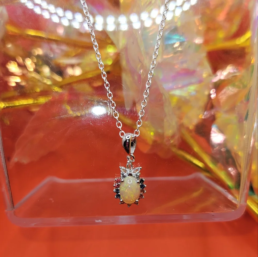 Natural Fire Opal Multi Sapphire Pendant 925 Stainless Steel - BRAND NEW